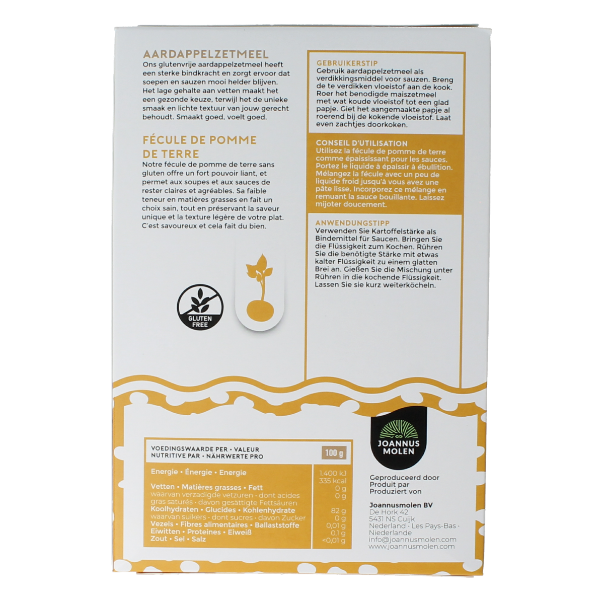Joannusmolen bio potato starch in 250g package, natural baking mix and flour for cooking and baking.