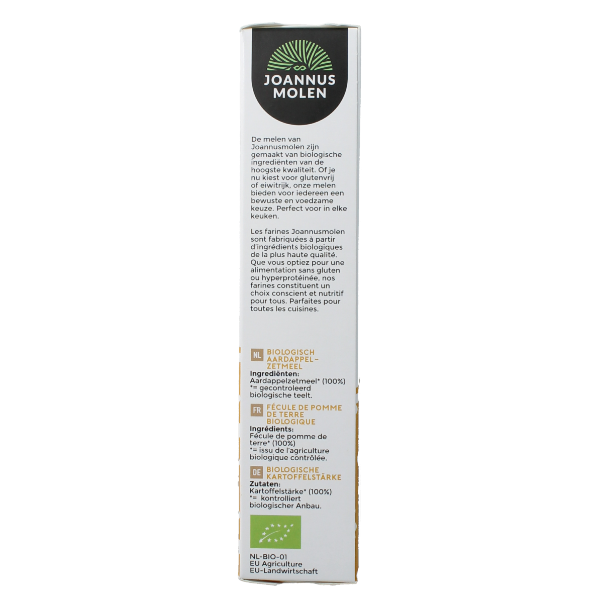 Joannusmolen organic potato starch in 250g package, natural baking mix and flour, fine white powder for cooking and baking.