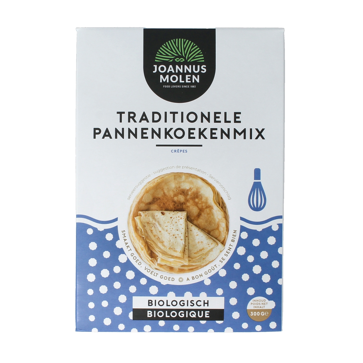 Joannusmolen bio pannenkoekmeel bakmix in 300g package, organic pancake flour from Joannusmolen.