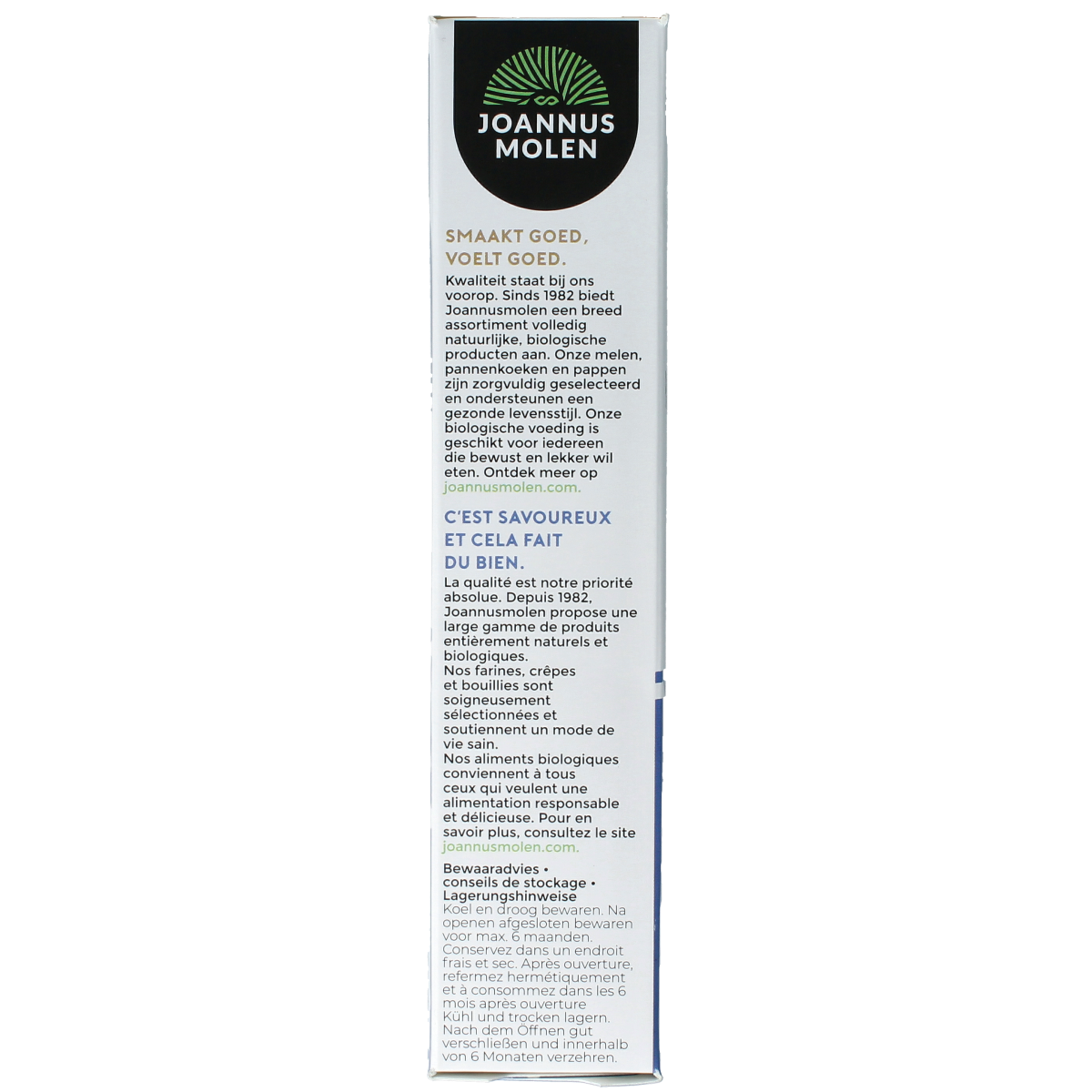 Joannusmolen bio pannenkoekmeel in 300g bag, natural pancake flour from organic baking mix and flours collection.