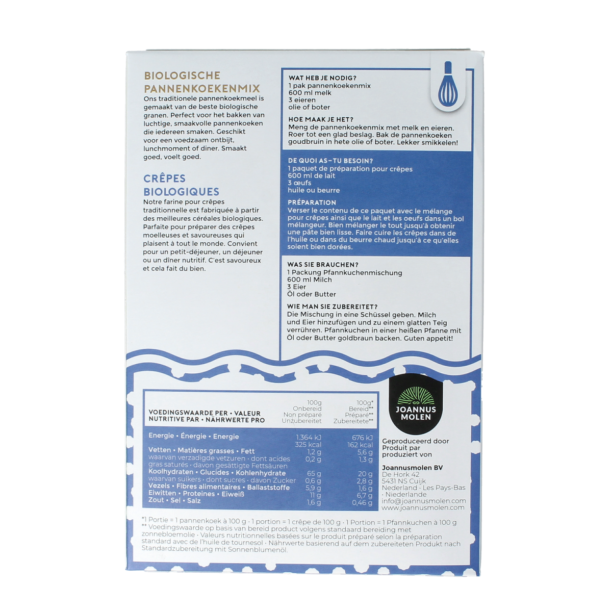 Joannusmolen organic pancake flour in a 300g package, showcasing a bag of baking mix and wheat grains on the label.
