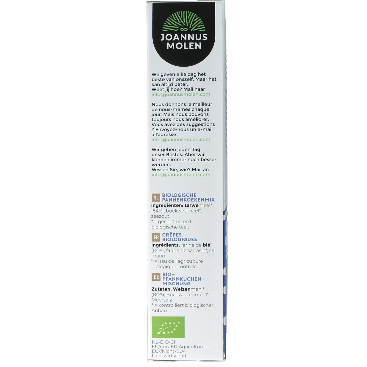 Joannusmolen organic pancake flour in 300g package, natural baking mix for pancakes, shown in a resealable bag.