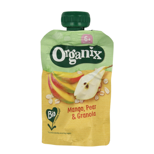 Organic Organix Knijpfruit pouch with mango, pear, and granola for babies 6+ months, 100g, featuring colorful fruit and granola ingredients.
