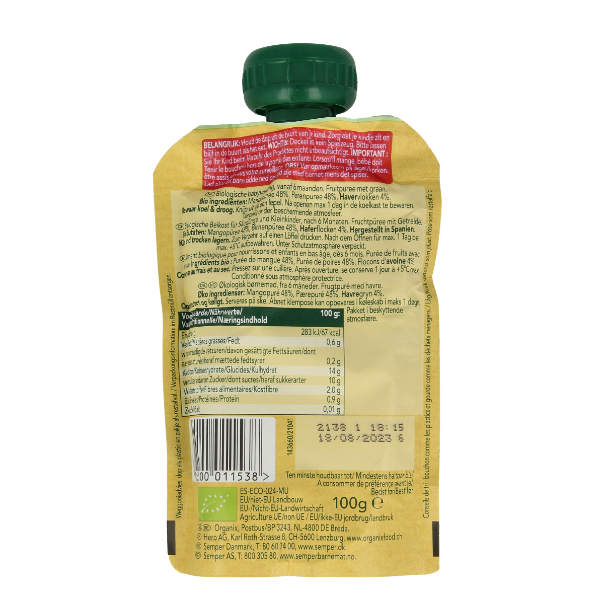 Organic Organix Knijpfruit baby food with mango, pear, and granola, 6+ months, in a 100g squeezable pouch.