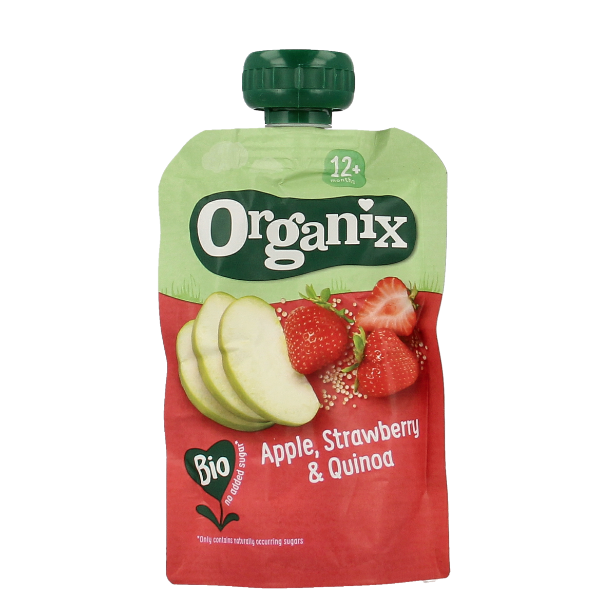 Organic Organix Knijpfruit with apple, strawberry, and quinoa for babies 12 months and older, 100g squeeze pouch.