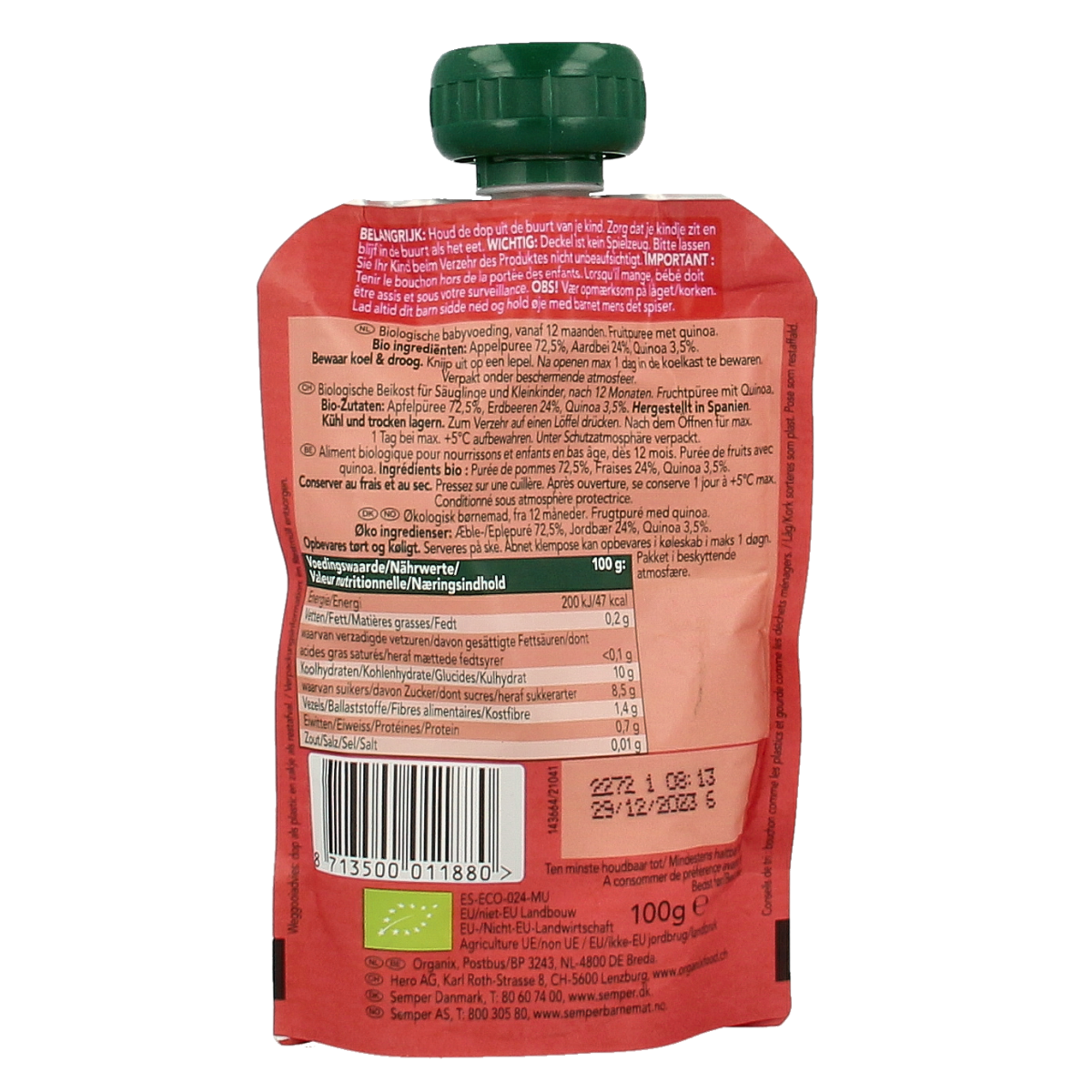 Organic baby snack pack with apple, strawberry, and quinoa from Organix, suitable for 12 months and older.