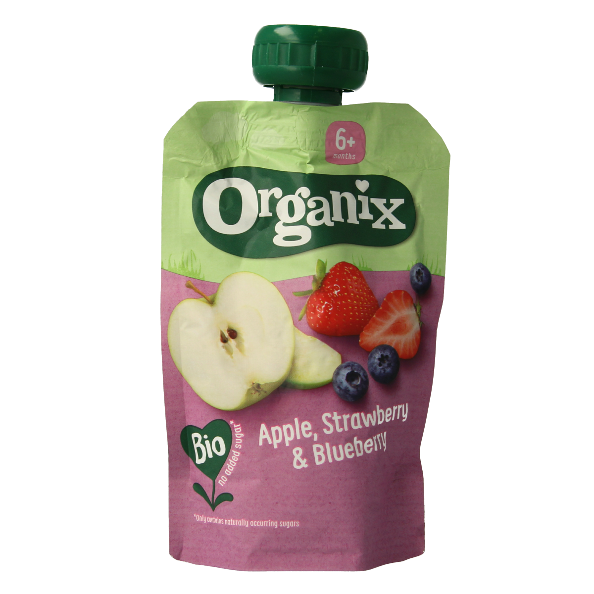 Organic baby snack pack with apple, strawberry, and blueberry flavors from Organix, suitable for ages 6 months and up.