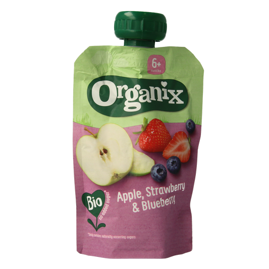 Organic baby snack pack with apple, strawberry, and blueberry flavors from Organix, suitable for ages 6 months and up.