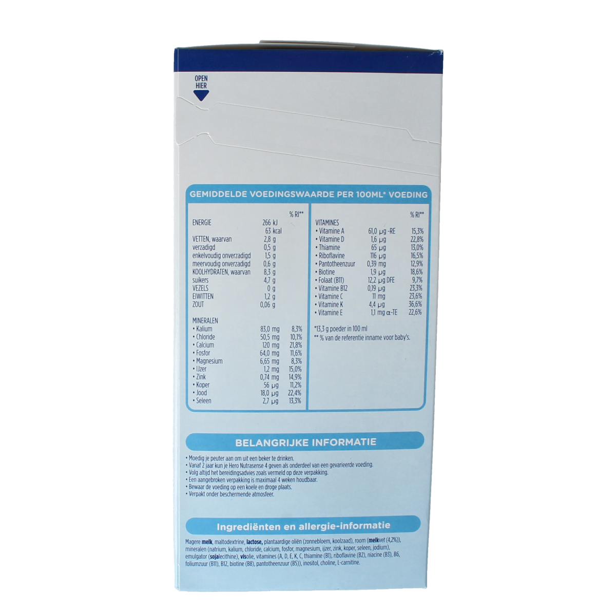 Hero Nutrasense Peutermelk 4 baby and toddler formula, 700g, with packaging showing the label and product details.