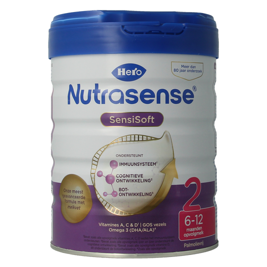 Hero Nutrasense SensiSoft opvolgmelk 2 baby formula for 6-12 months, 800g tin, designed for sensitive baby nutrition.