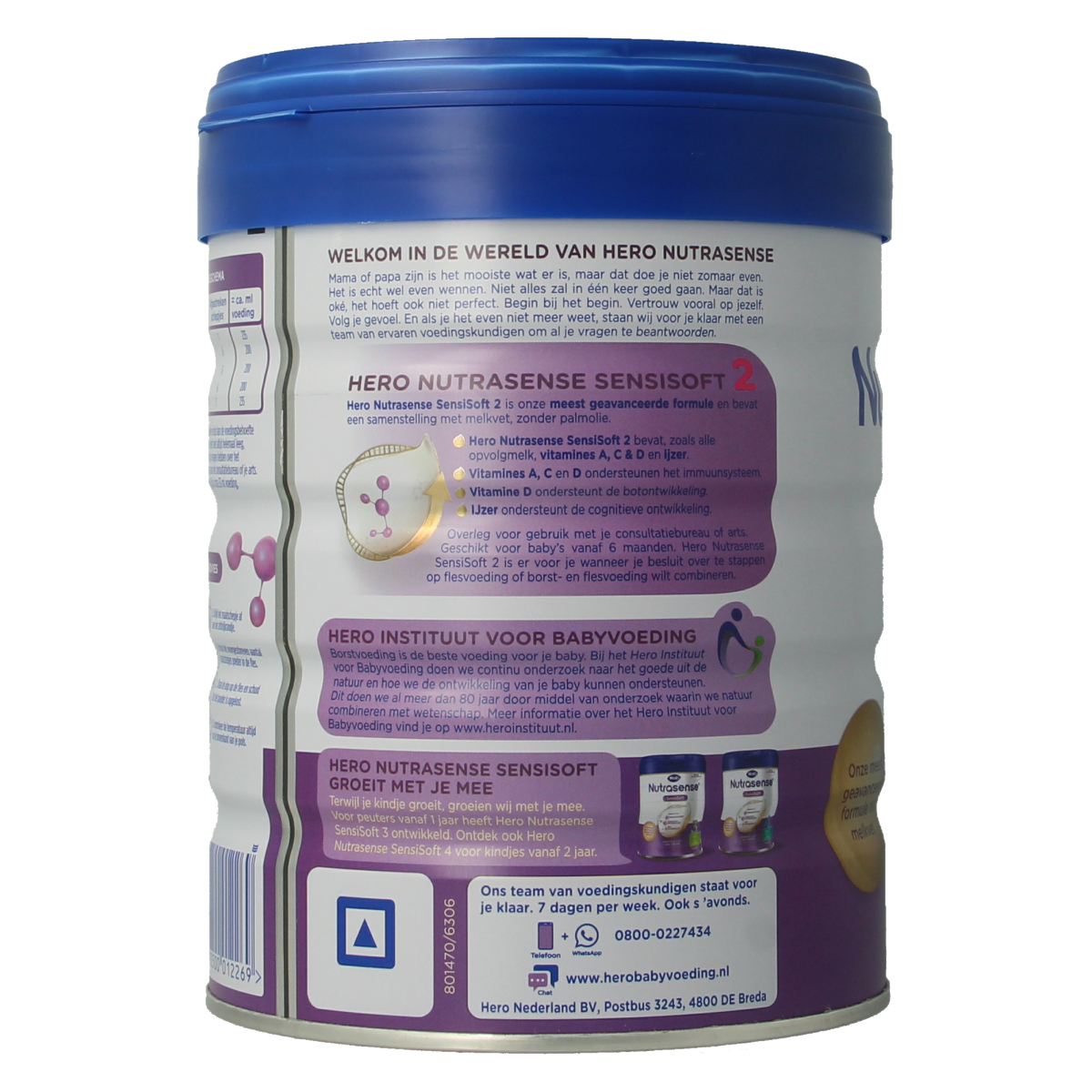 Hero Nutrasense SensiSoft follow-on milk for babies 6-12 months, 800g, in a colorful packaging with a smiling baby illustration.