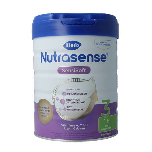 Hero SensiSoft Peutermelk 3 baby and toddler formula, 700g, shows the milk powder in its package with branding and nutritional info.