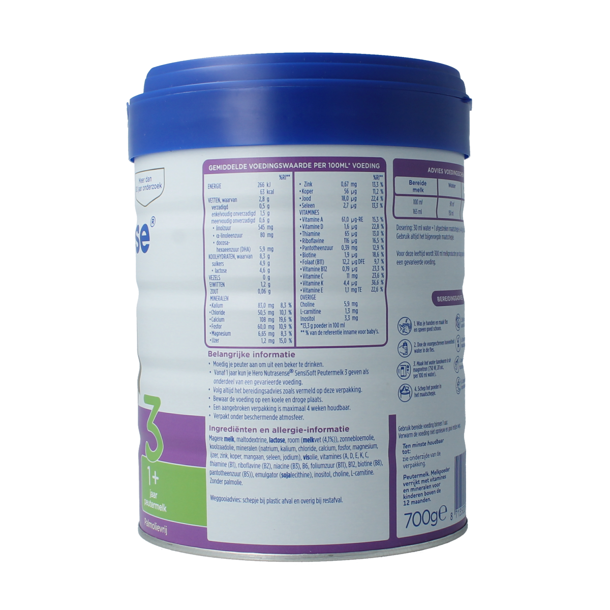 Hero SensiSoft Peutermelk 3 baby and toddler formula, 700g, with milk and nutrients, in a white and blue packaging.