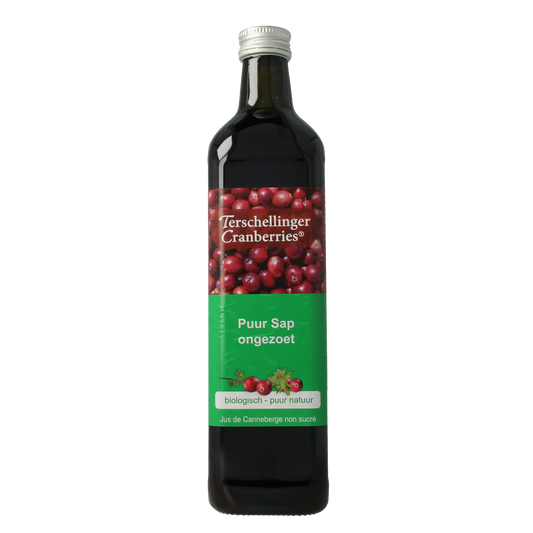 Terschellinger organic unsweetened cranberry juice in a 750ml bottle, natural and rich in cranberry flavor.