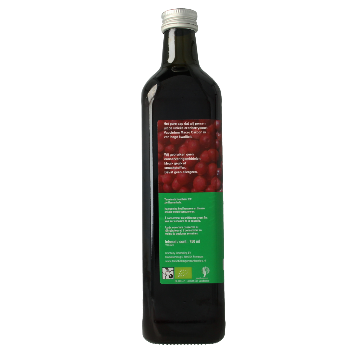 Bottle of Terschellinger organic unsweetened cranberry juice in a 750ml glass bottle, with a label showing cranberries and brand logo.