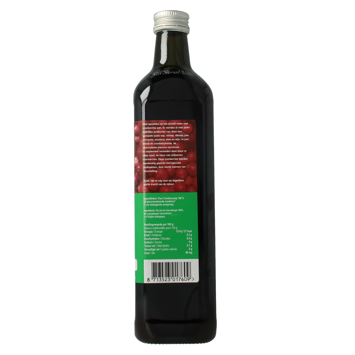 Unopened bottle of Terschellinger unsweetened organic cranberry juice in a 750ml glass bottle.