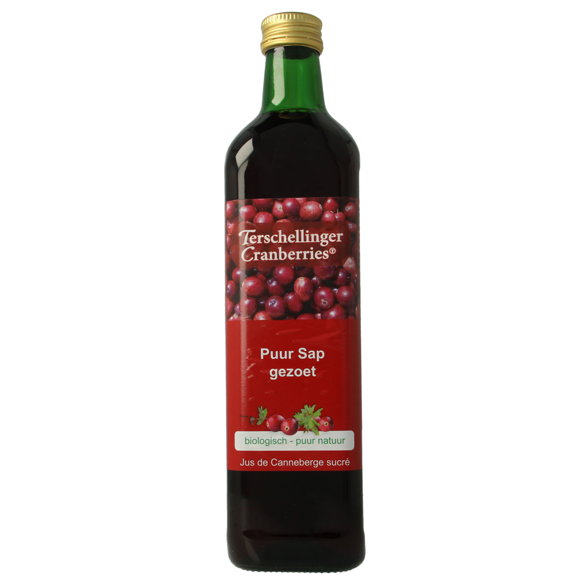 Terschellinger organic sweetened cranberry juice in a 750ml bottle, showing the colorful label and cap.