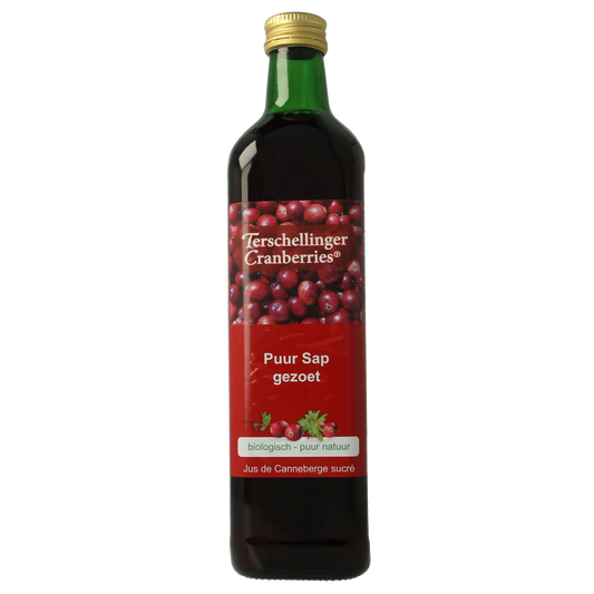 Terschellinger organic sweetened cranberry juice in a 750ml bottle, showing the colorful label and cap.
