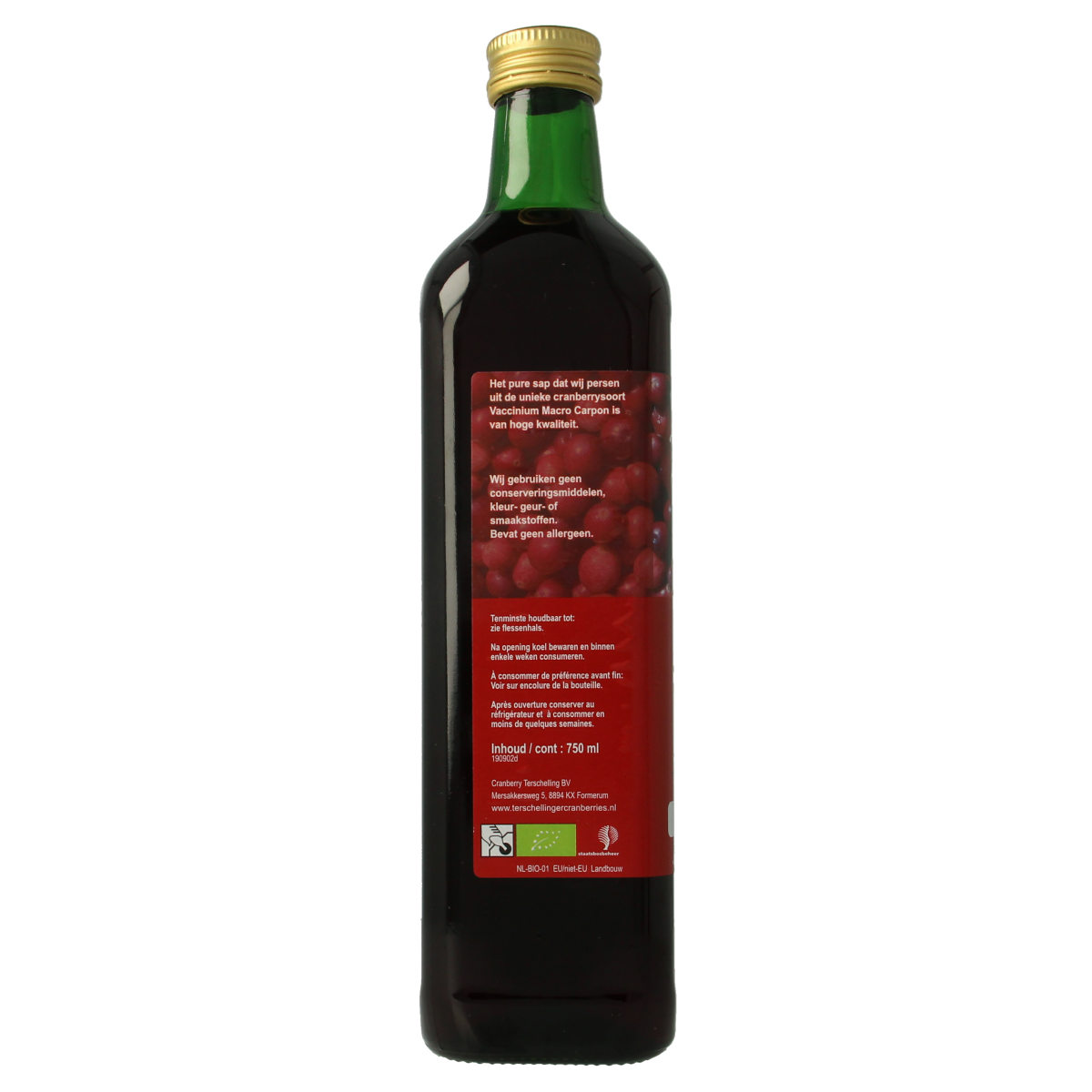 Terschellinger Cranberrysap gezoet bio 750ml bottle of sweetened organic cranberry juice, with a clear label and red cranberry images.