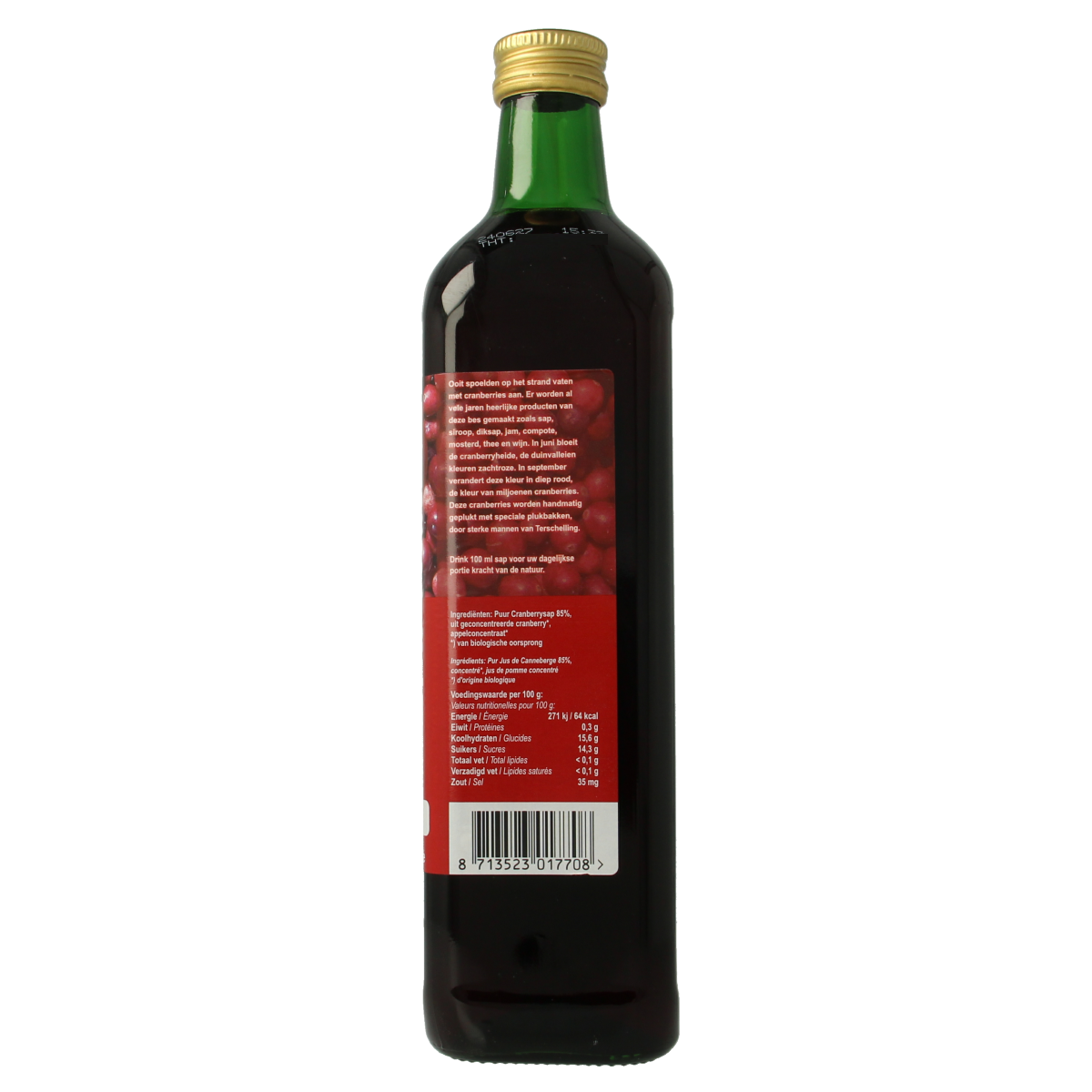 Terschellinger organic sweet cranberry juice in a 750ml bottle, natural drink from the Terschellinger brand.