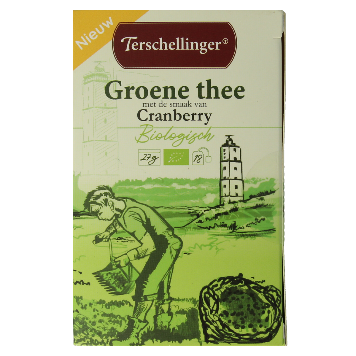 Organic Terschellinger Green Tea Cranberry in 18 tea bags, featuring fresh green tea leaves and dried cranberry pieces.