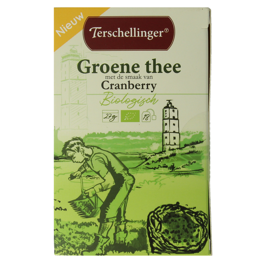Organic Terschellinger Green Tea Cranberry in 18 tea bags, featuring fresh green tea leaves and dried cranberry pieces.