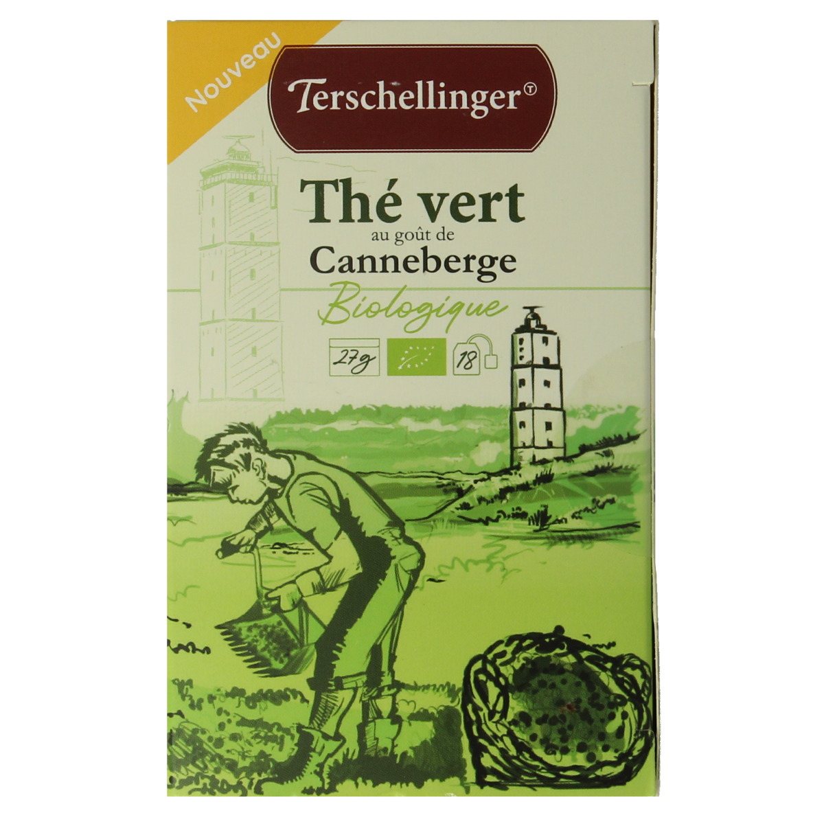 Terschellinger Groene Thee Cranberry bio in an 18-pack, organic green tea with cranberry flavor, from Terschellinger Koffie en Thee.