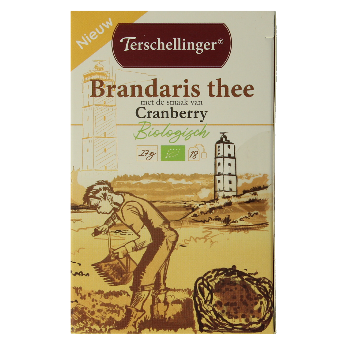 Terschellinger Zwarte thee cranberry bio, 18 tea bags, organic black tea with cranberry flavor, in a packaging image.