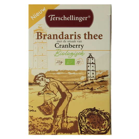 Terschellinger Zwarte thee cranberry bio, 18 tea bags, organic black tea with cranberry flavor, in a packaging image.