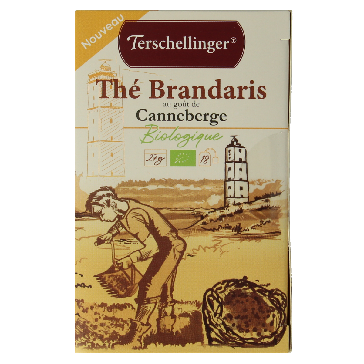 Terschellinger Zwarte thee cranberry bio, 18 tea bags, natural black tea with cranberry flavor in packaging.