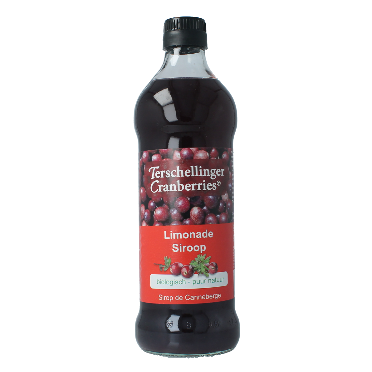 Terschellinger organic cranberry syrup in a 500ml bottle, ideal for drinks and flavoring in the beverages and juices category.