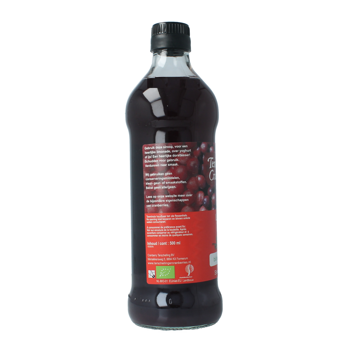 Terschellinger organic cranberry syrup in a 500ml bottle, a natural drink and juice product from the Terschellinger brand.