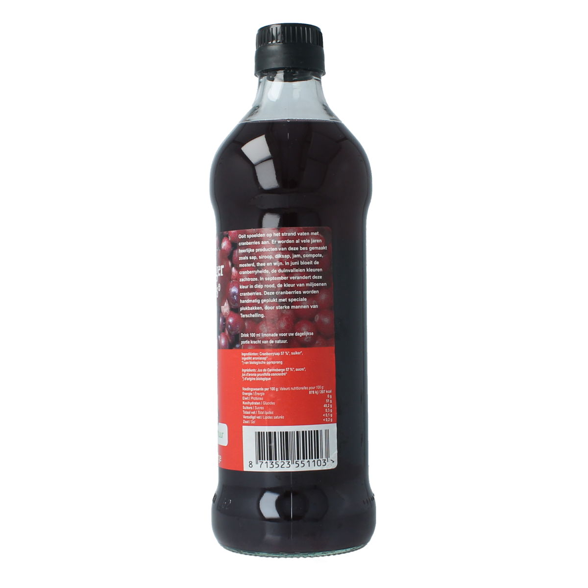 Terschellinger organic cranberry syrup in a 500ml bottle, for drinks and juices, with the product label visible.