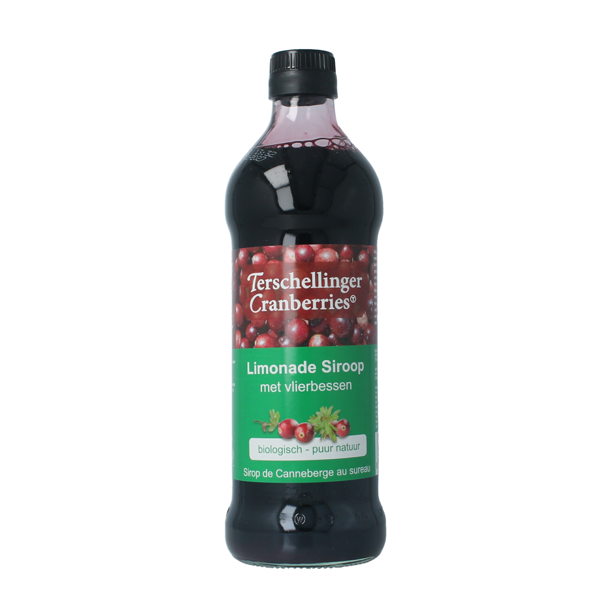 Terschellinger organic cranberry-vlierbes syrup in a 500ml bottle, used for drinks and flavoring.