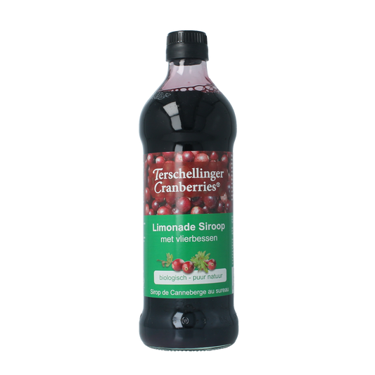 Terschellinger organic cranberry-vlierbes syrup in a 500ml bottle, used for drinks and flavoring.
