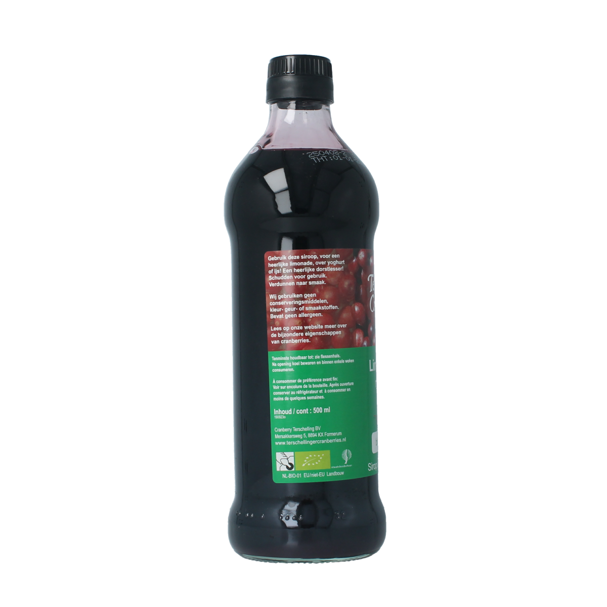Terschellinger organic cranberry-vlierbes syrup in a 500ml bottle, showcasing the vibrant red liquid and label.