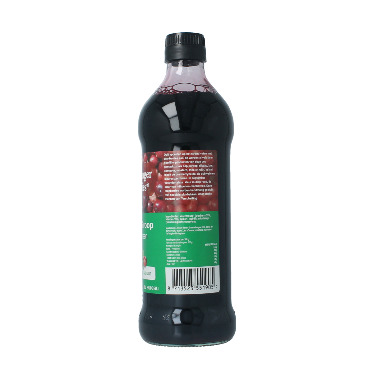 Terschellinger organic cranberry-elderberry syrup in a 500ml bottle, used for drinks and wellness.