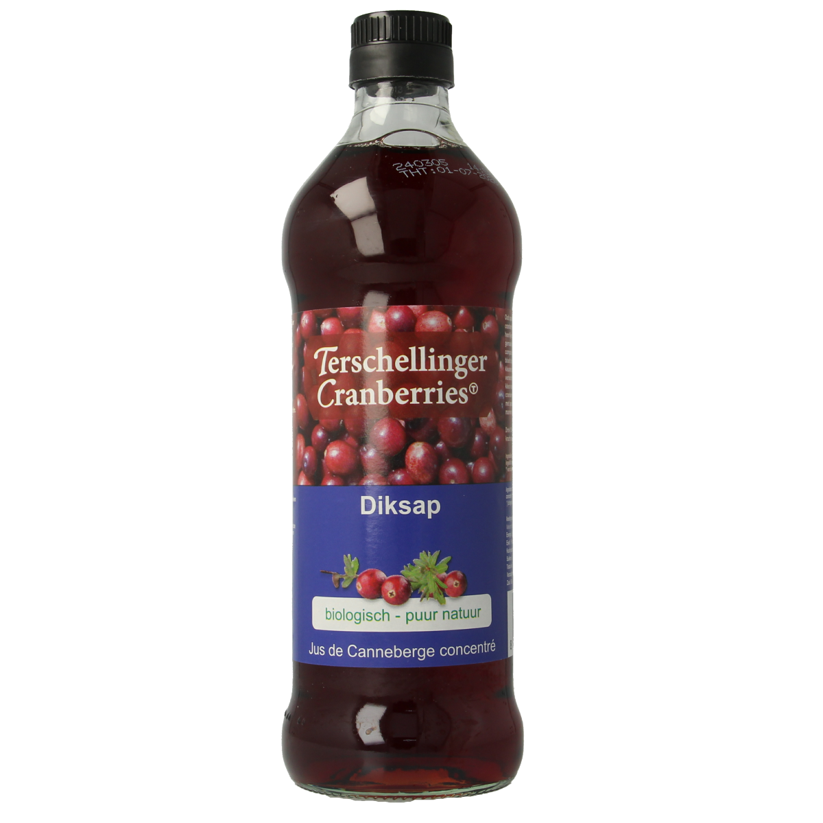 Terschellinger organic cranberry syrup in a 500ml bottle, used for drinks and cooking, with vibrant cranberry imagery.
