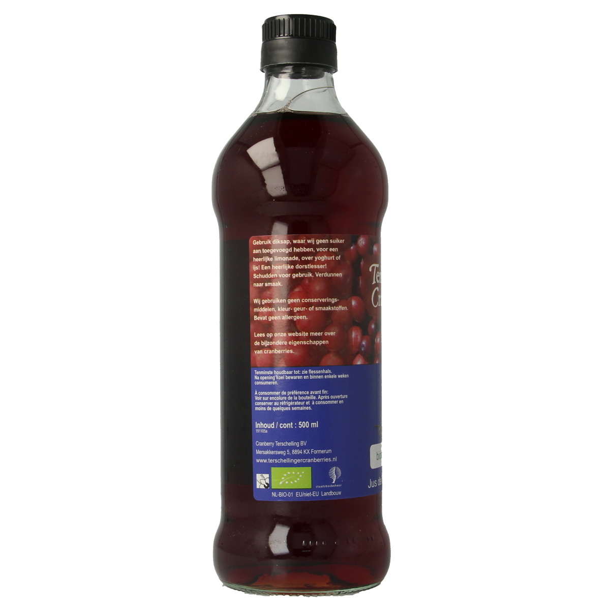 Terschellinger cranberry syrup bottle, 500ml, organic cranberry drink in clear glass with label and cap.