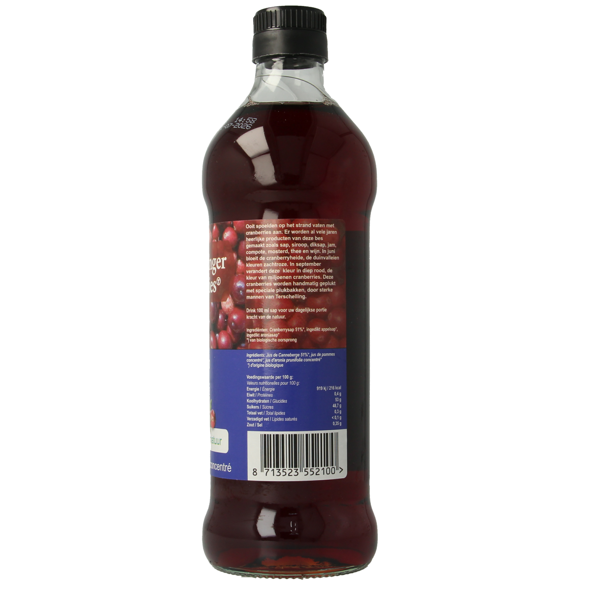 Terschellinger organic cranberry syrup in a 500ml bottle, featuring a deep red color and label with cranberry imagery.