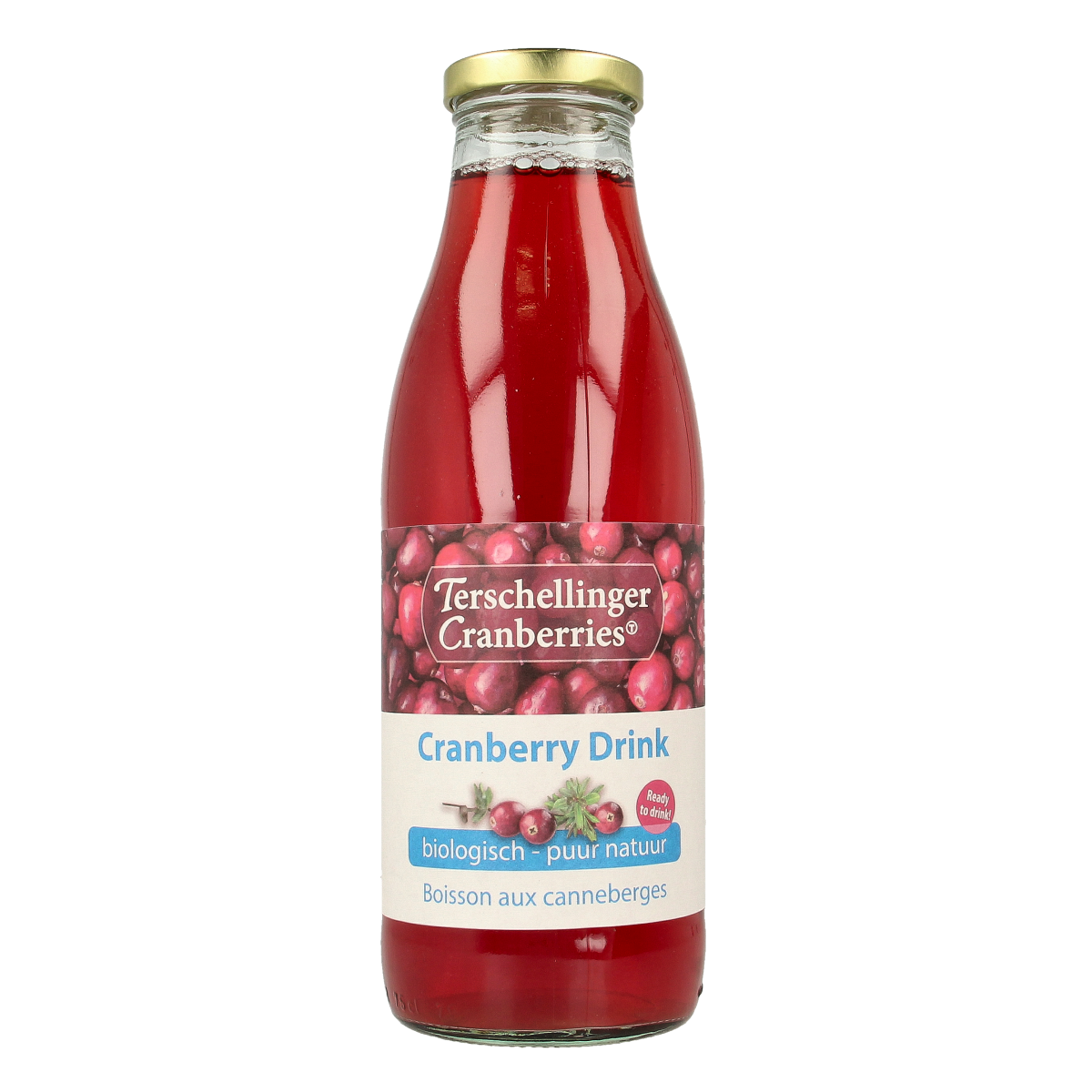 Terschellinger organic cranberry drink in a 750ml bottle, showcasing the vibrant red beverage in a clear glass.