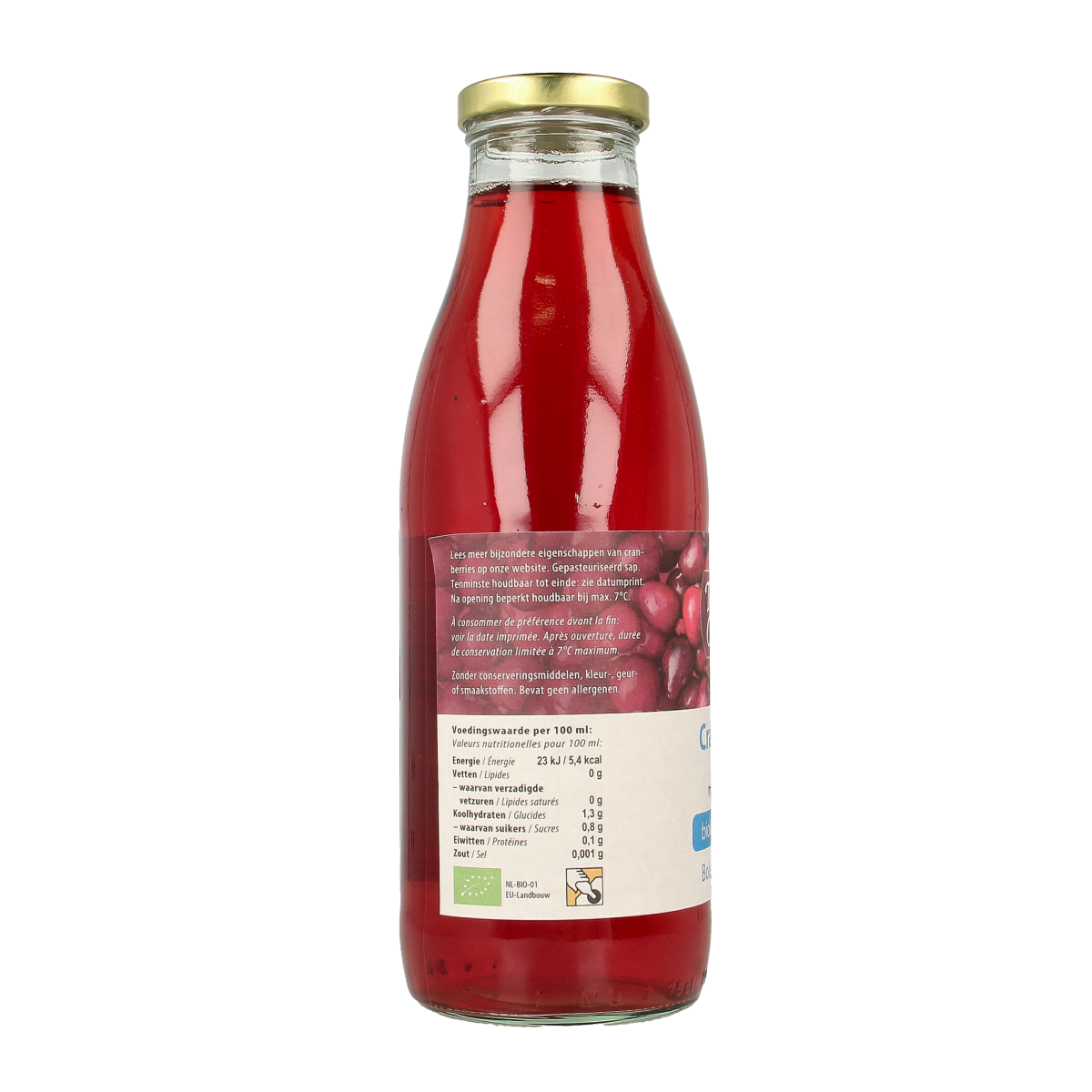 Terschellinger organic cranberry drink in a 750ml bottle, displaying fresh cranberries and the Terschellinger brand label.