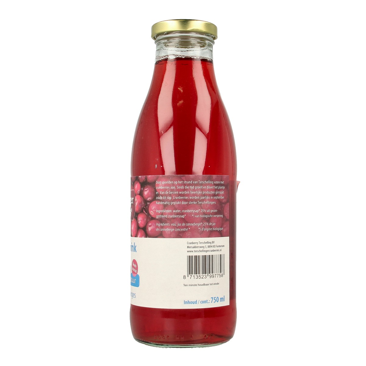 Terschellinger organic cranberry drink in a 750ml bottle, showcasing its vibrant red color and fresh cranberry flavor.