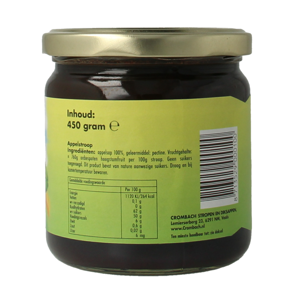 Crombach Appelstroop 450g jar, a sweet spread for bread and toast, with a smooth apple syrup appearance.