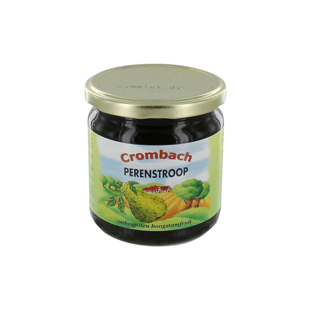 Crombach Perenstroop broodbeleg jar showing rich, dark pear spread with a textured surface and label on the glass jar