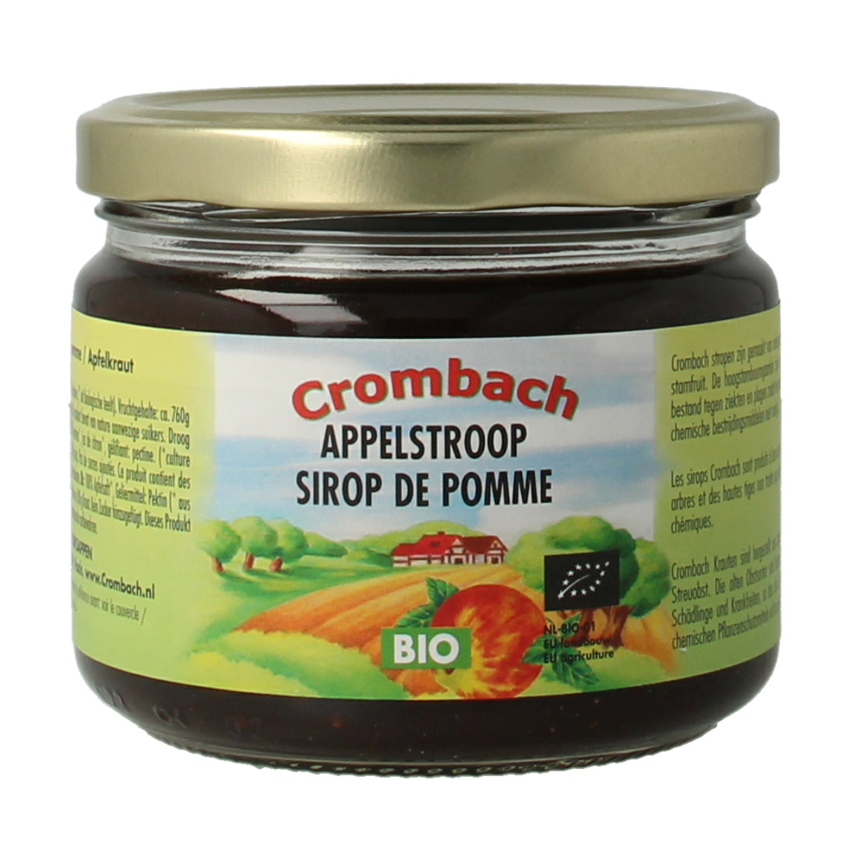 Crombach organic apple syrup spread on bread, 330g jar, natural broodbeleg with a smooth, amber-colored texture