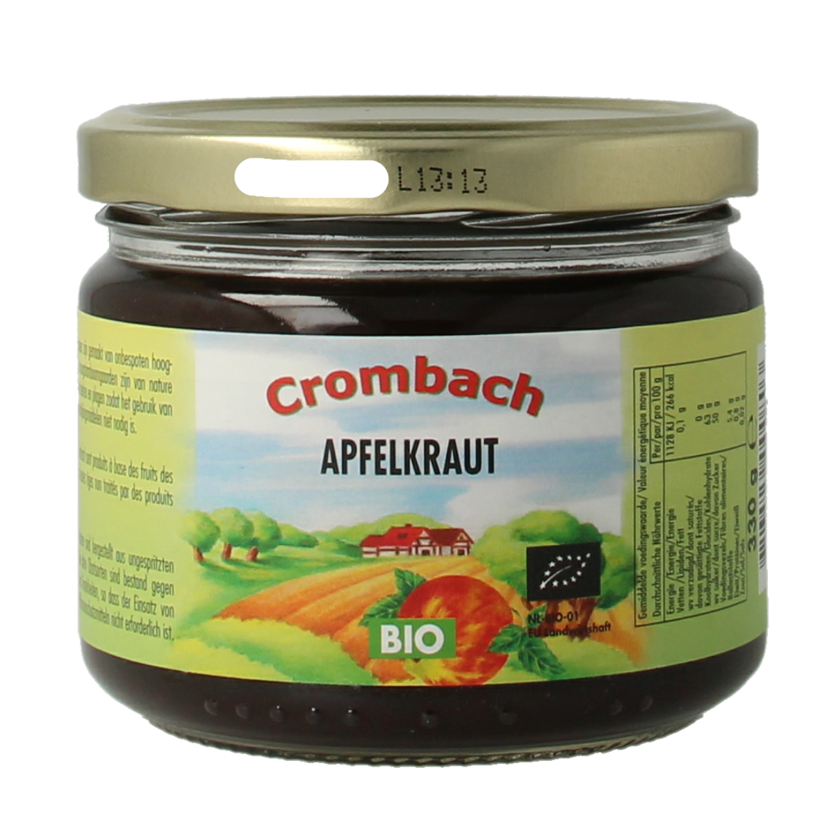 Crombach organic apple syrup spread on bread, 330g jar, natural broodbeleg with rich apple flavor.