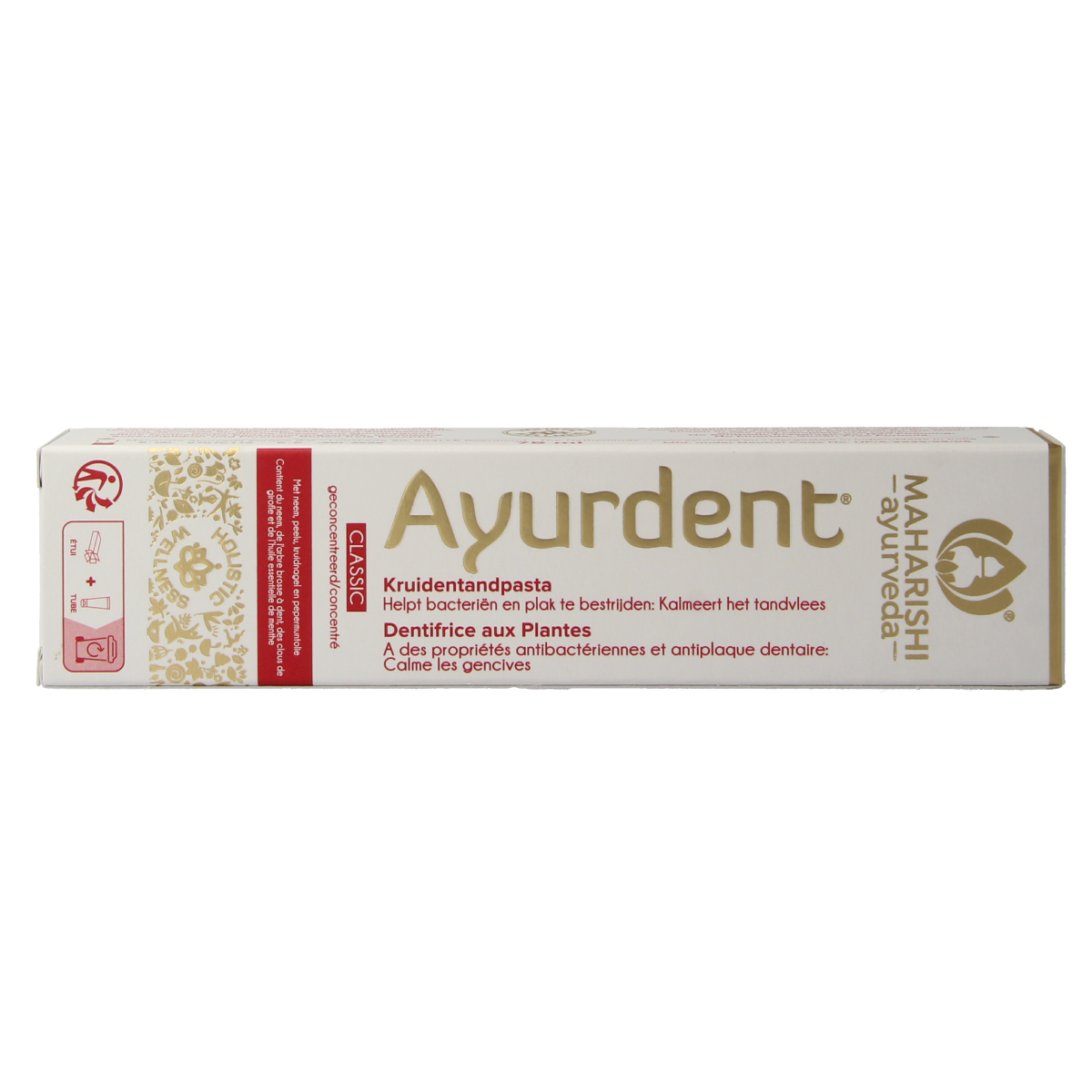 Maharishi Ayurv Ayurdent classic toothpaste in a 75ml tube with herbal ingredients for natural oral care.