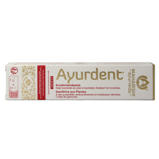 Maharishi Ayurv Ayurdent classic toothpaste in a 75ml tube with herbal ingredients for natural oral care.