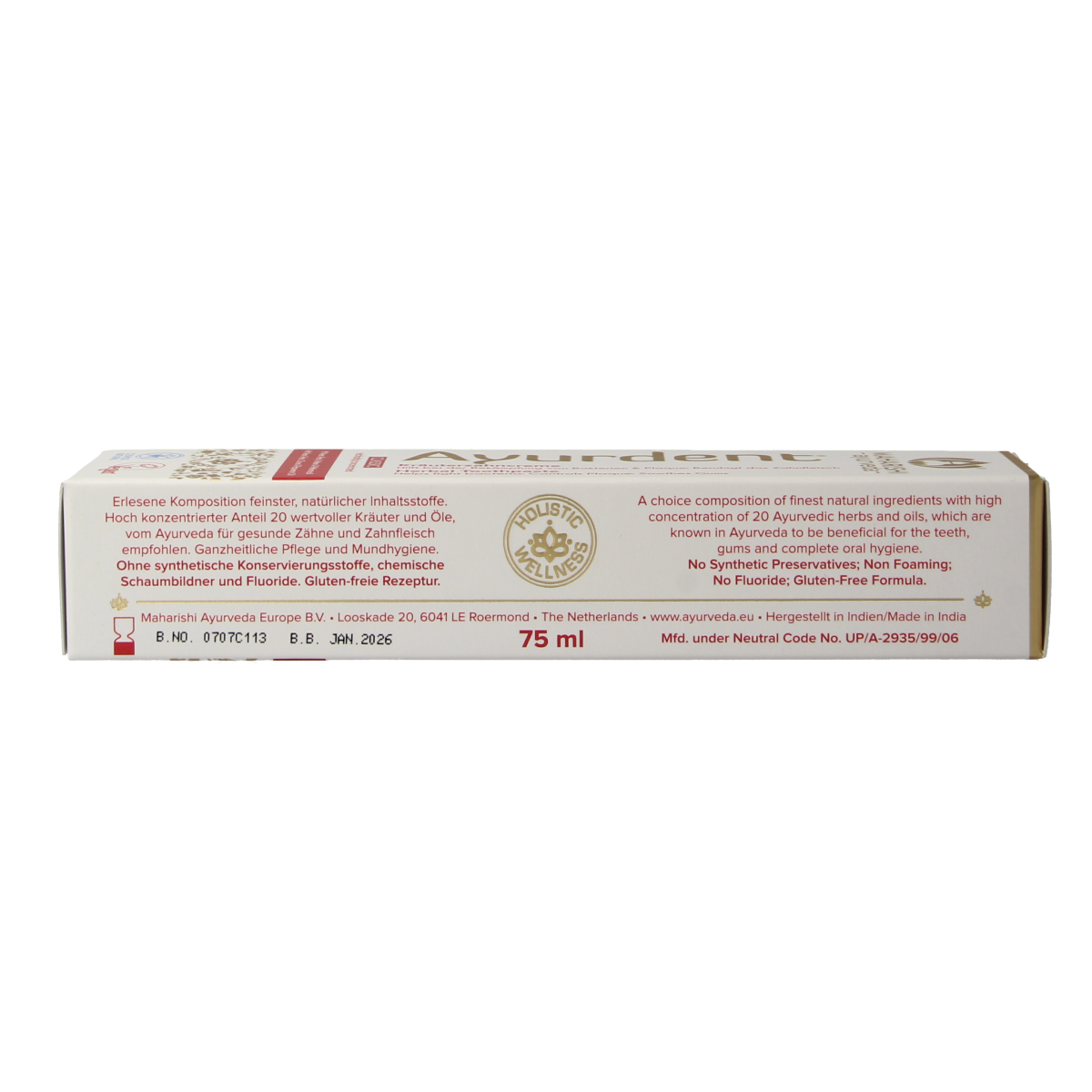 Maharishi Ayurv Ayurdent classic toothpaste in 75ml tube, featuring herbal ingredients for natural oral care.